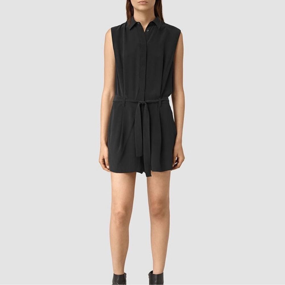AllSaints Nila Silk Playsuit Black Belted Romper Size 6